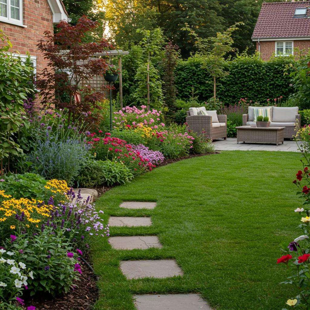 Beautifully designed residential garden featuring diverse flowering plants, cozy outdoor seating area with wicker furniture, and stone pathway, showcasing integrated landscape design for enhanced outdoor living spaces.