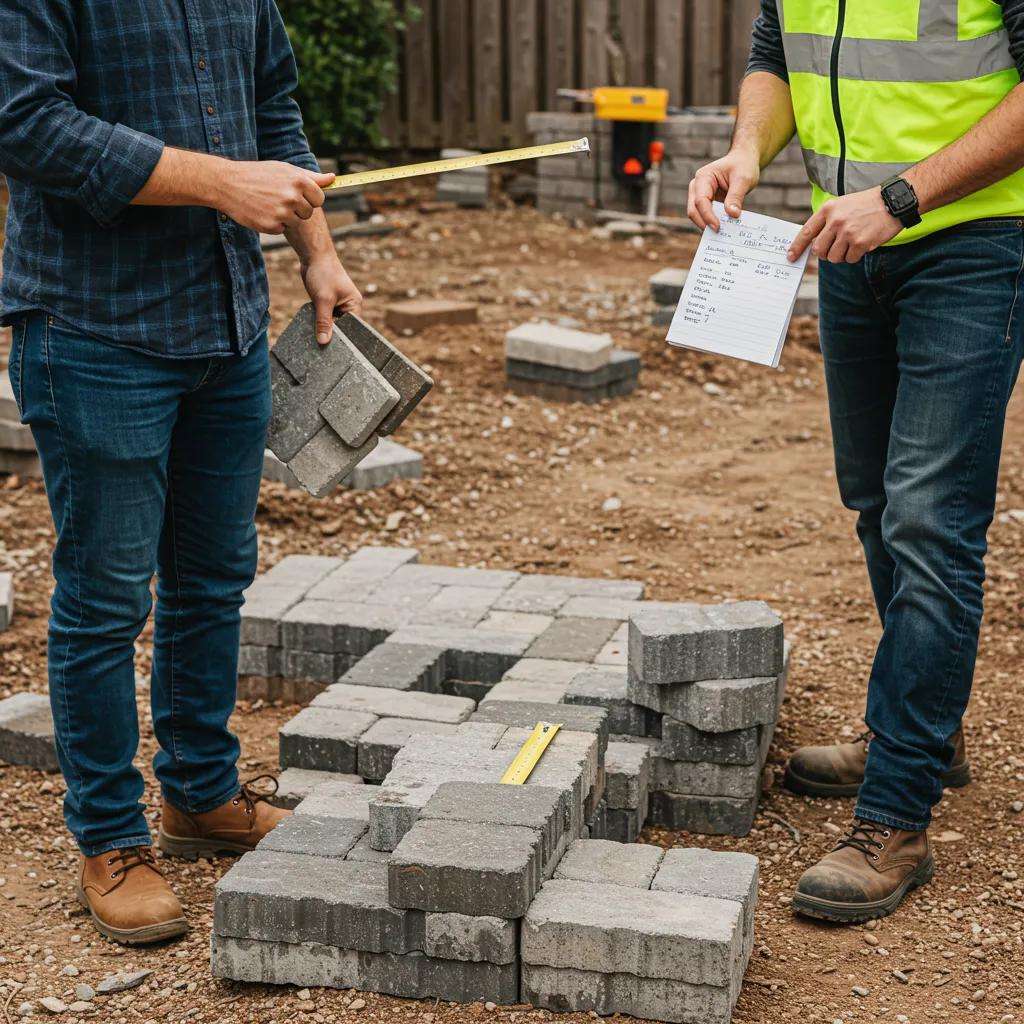 Contractor discussing paver installation costs with homeowner, measuring pavers at construction site, surrounded by stacked pavers and construction tools.