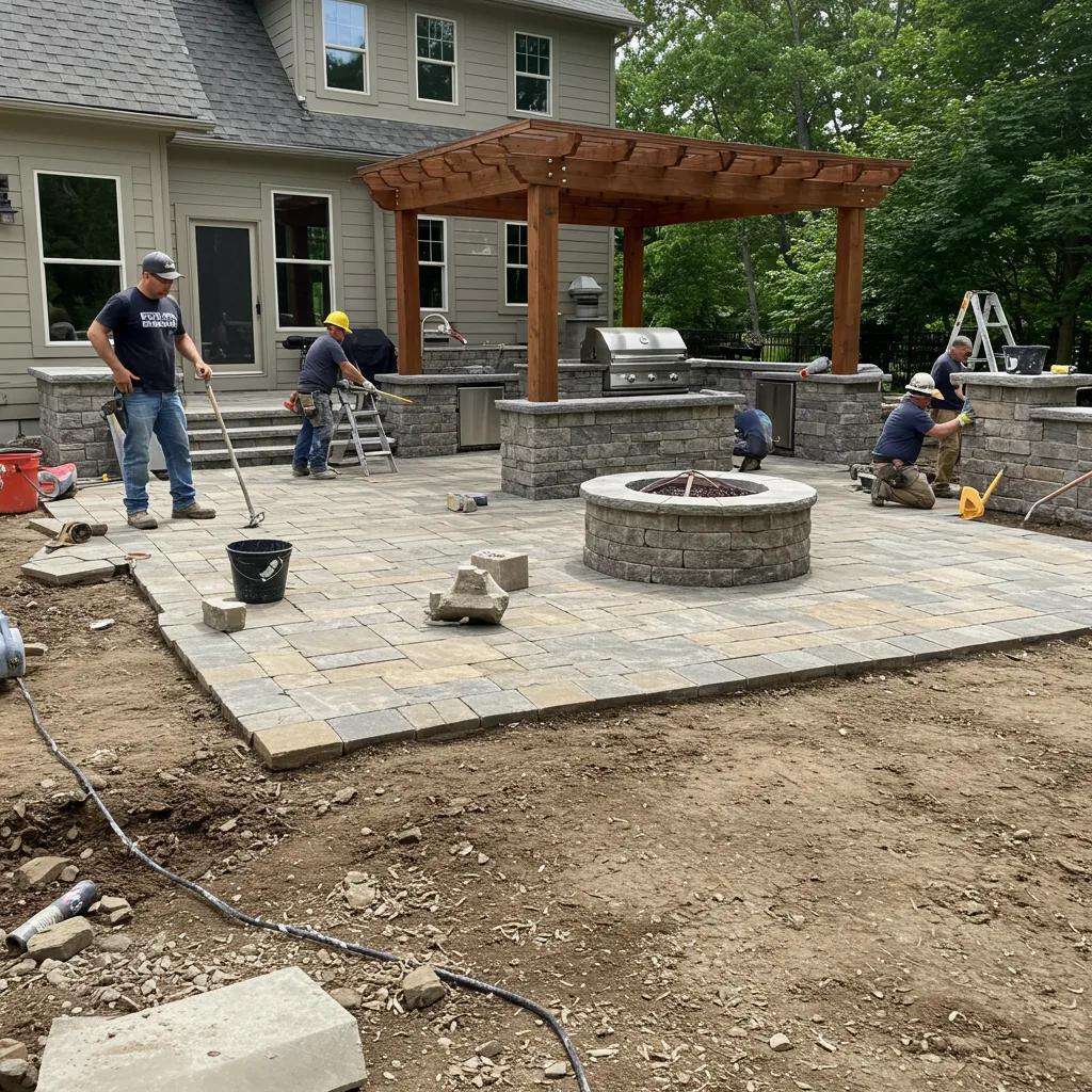 Contractors constructing an outdoor living space with a patio, kitchen, and fire pit, featuring stonework and a wooden pergola, emphasizing multi-trade collaboration in home improvement projects.