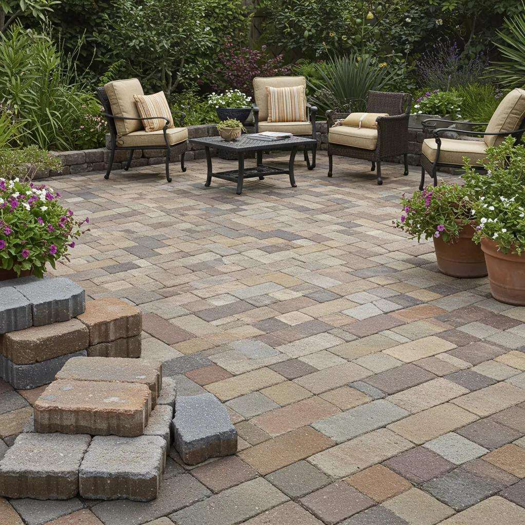 Paved outdoor patio featuring a variety of paver colors and textures, surrounded by seating, potted plants, and a table, illustrating design flexibility and durability for San Diego landscapes.