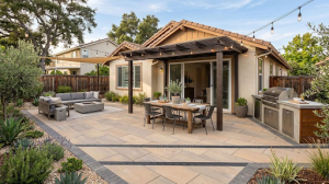 Beautiful residential backyard featuring an interlocking paver patio and landscaped garden