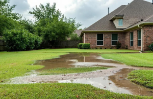 Standing water in a backyard caused by poor yard drainage