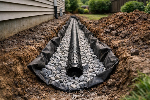 French drain installation with gravel and drainage pipes in a backyard