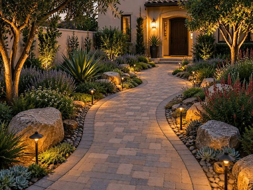 Warm LED pathway lights along a landscaped garden walkway